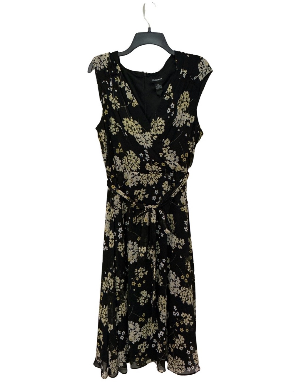NWT - Liz Claiborne Black and Yellow Floral Midi Dress with Tie Waist